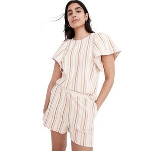 Striped Boho Cotton M Textured Flutter Sleeve Crop Top Cottage Core Retro Yellow